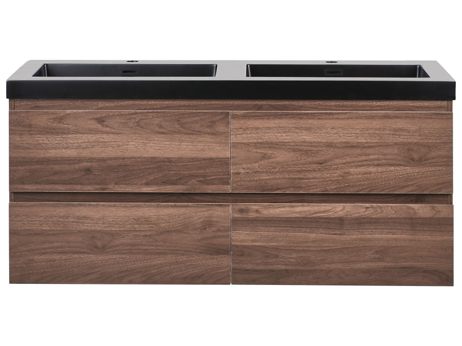 Wooden vanity with two sinks on a white background