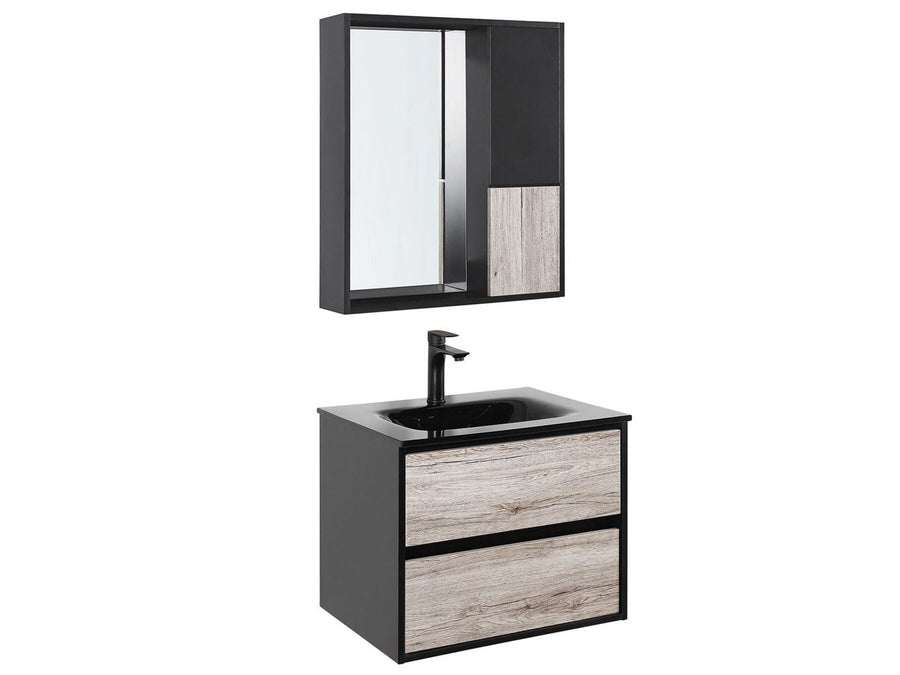 Bathroom vanity with sink and mirror cabinet on a white background