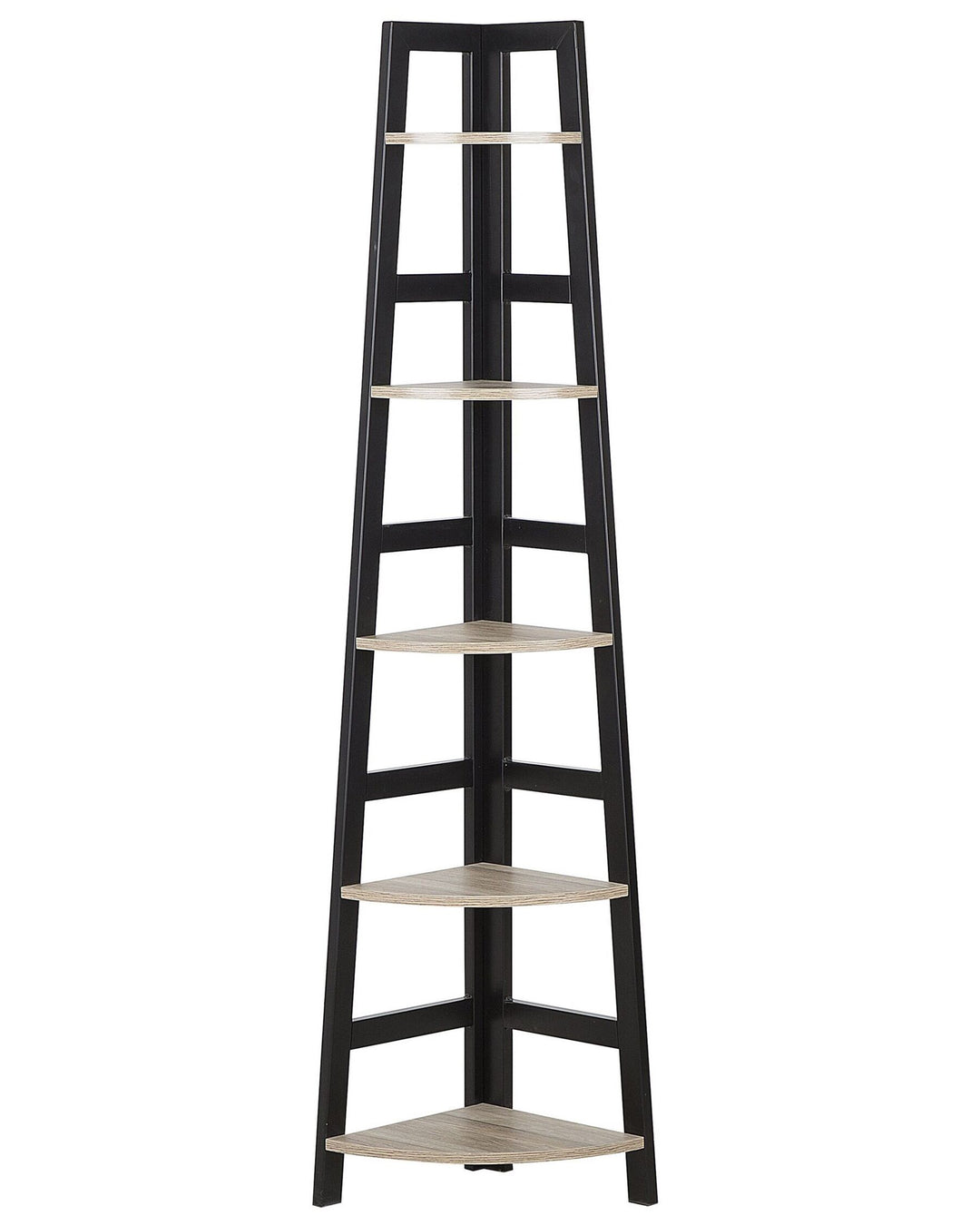 Black and beige corner shelf with five shelves on a white background