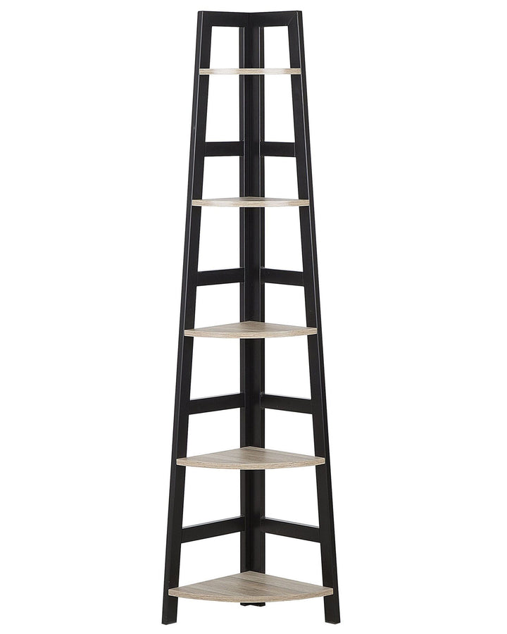 Black and beige corner shelf with five shelves on a white background
