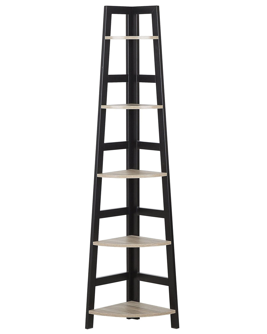 Black and beige corner shelf with five shelves on a white background