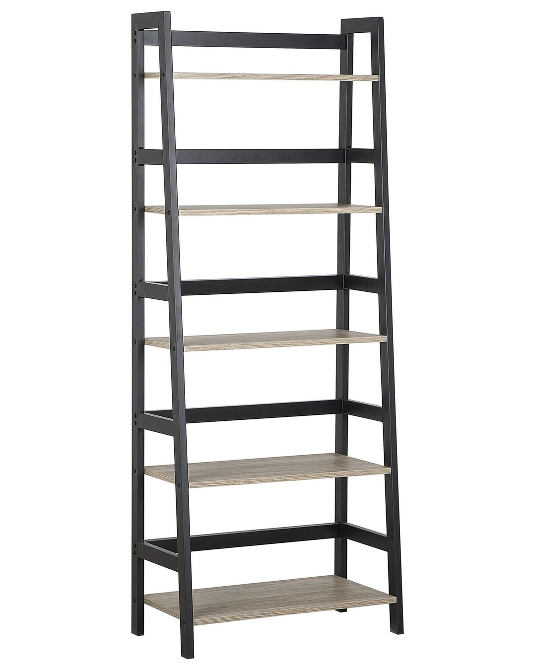 Ladder bookshelf with five shelves on a white background