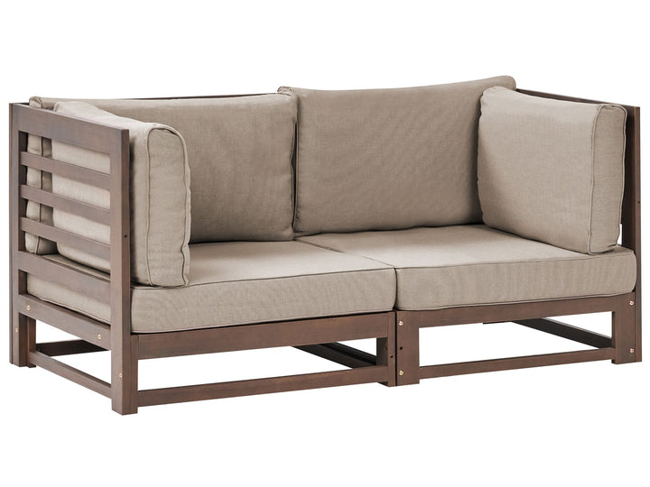 Beige outdoor sofa with wooden frame on a white background