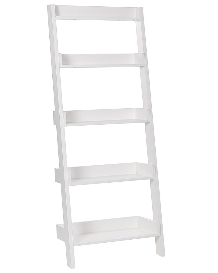 White ladder shelf with four shelves on a white background