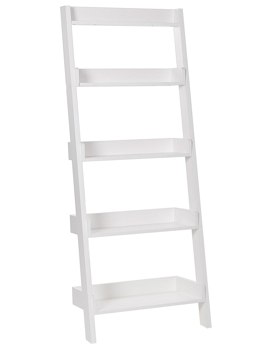 White ladder shelf with four shelves on a white background