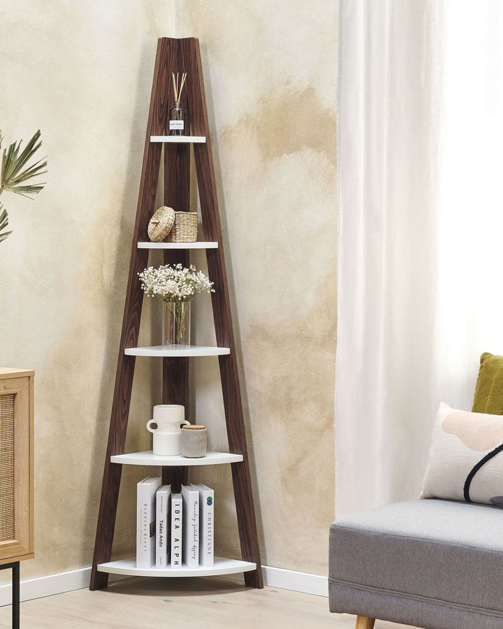 Corner 5 Tier Shelving Unit 175 cm Brown/ White Susan