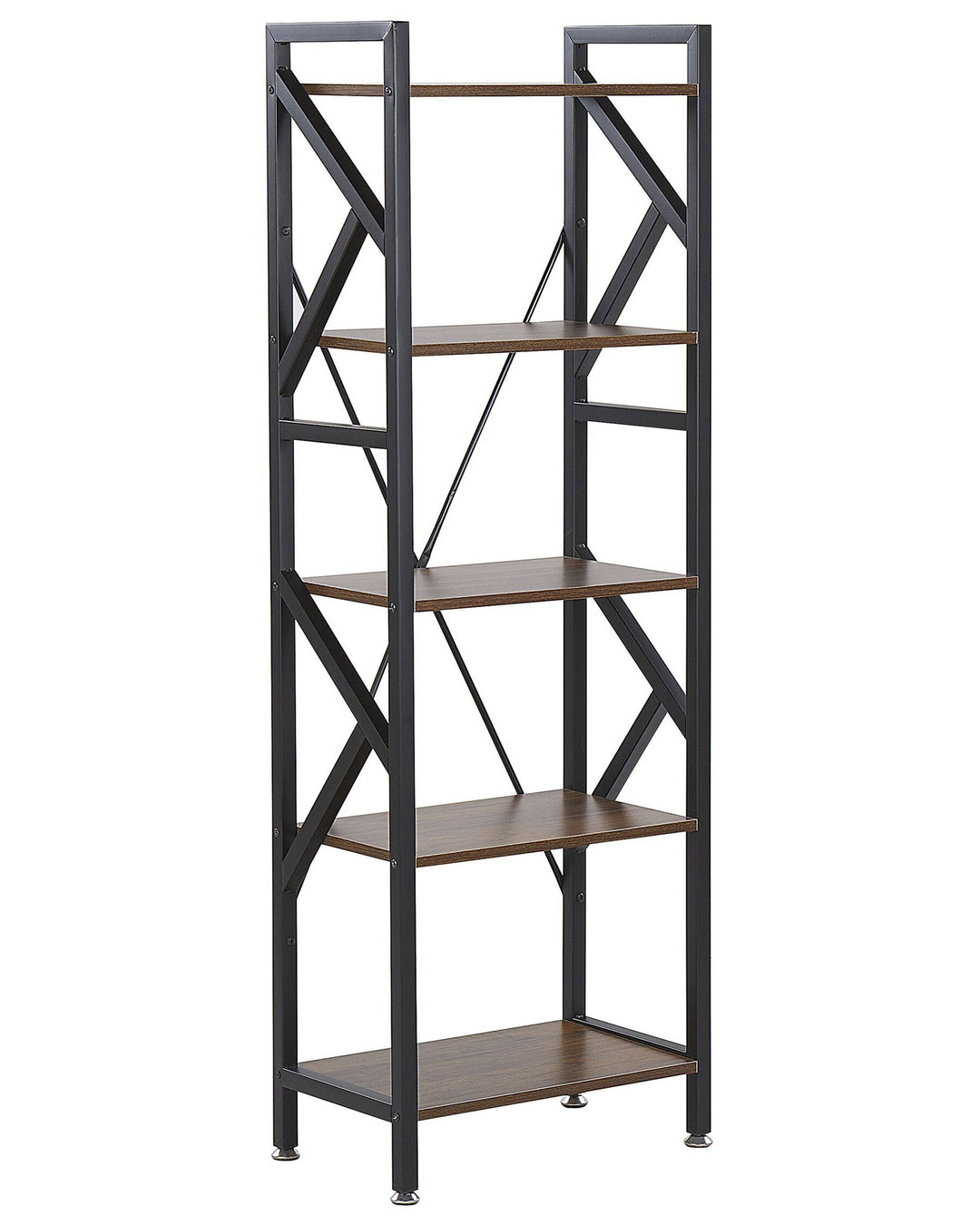 Bookshelf with black metal frame and wooden shelves on a white background