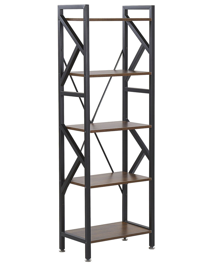 Bookshelf with black metal frame and wooden shelves on a white background