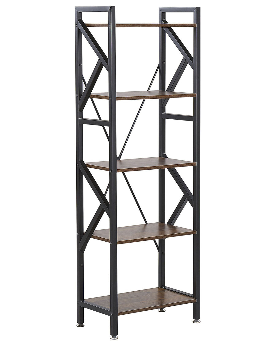 Bookshelf with black metal frame and wooden shelves on a white background