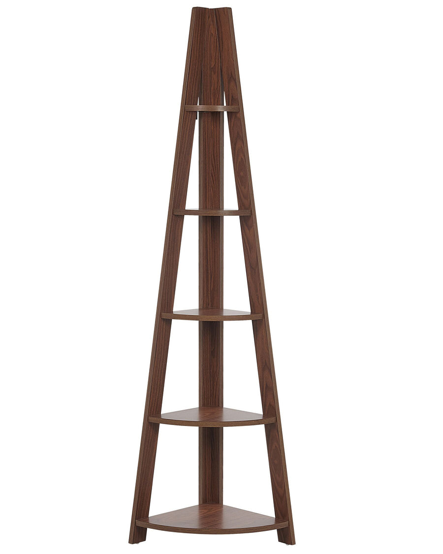 Wooden corner shelf with five shelves on a white background