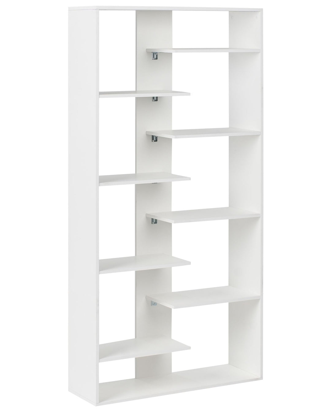 White bookshelf with multiple shelves on a white background