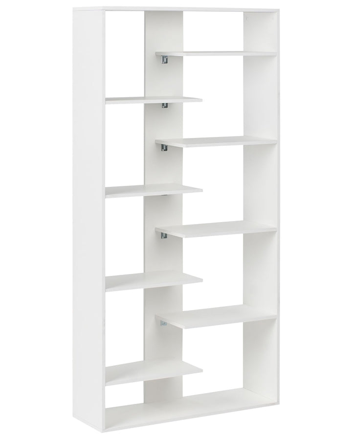 White bookshelf with multiple shelves on a white background
