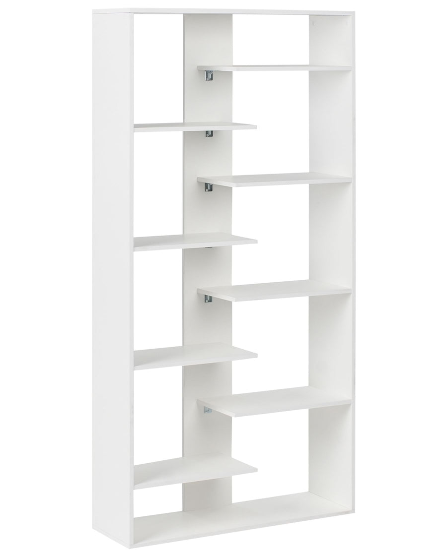 White bookshelf with multiple shelves on a white background