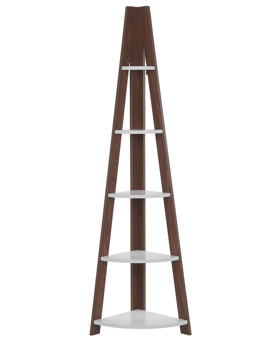 Wooden corner shelf with white shelves on a white background