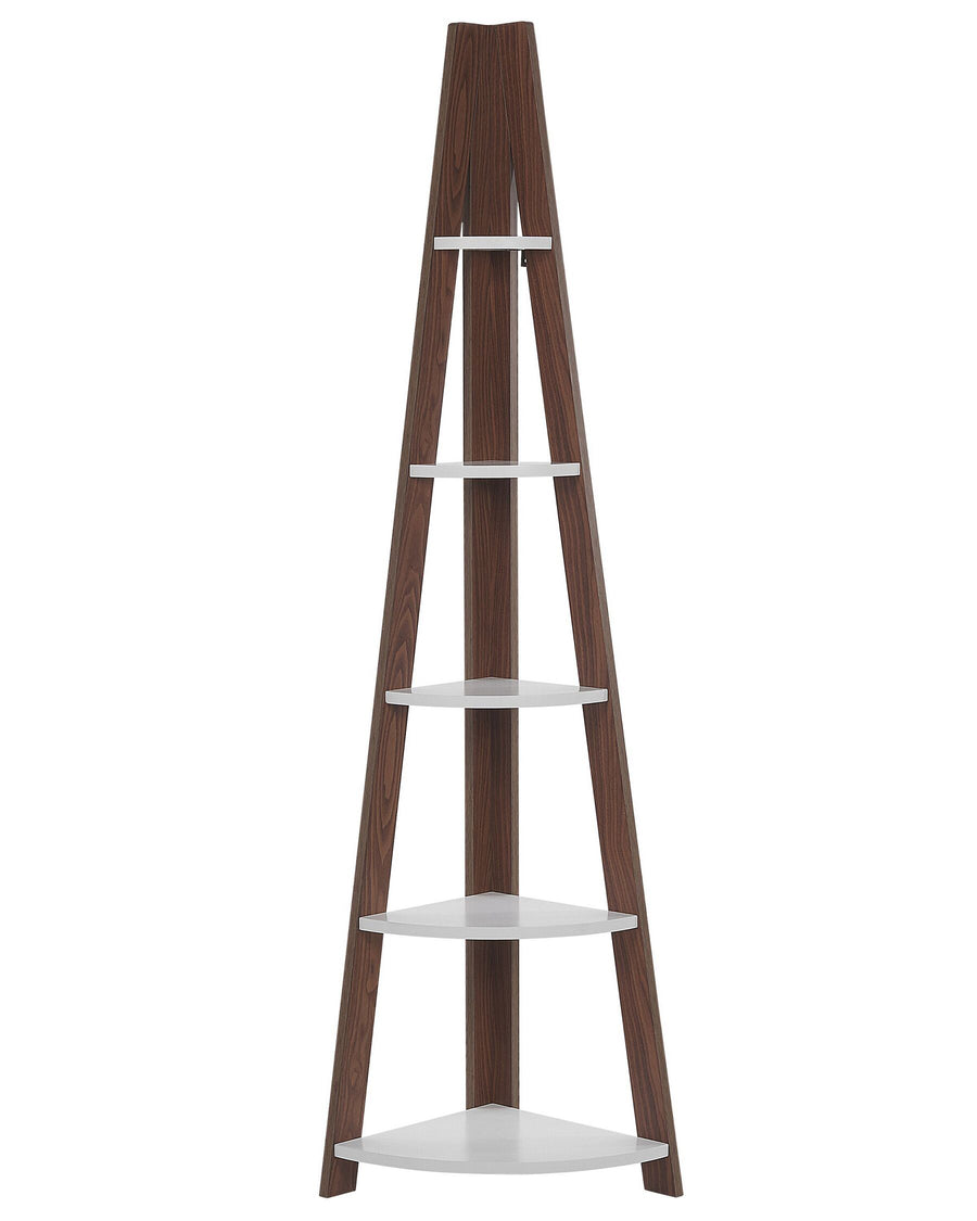 Wooden corner shelf with white shelves on a white background