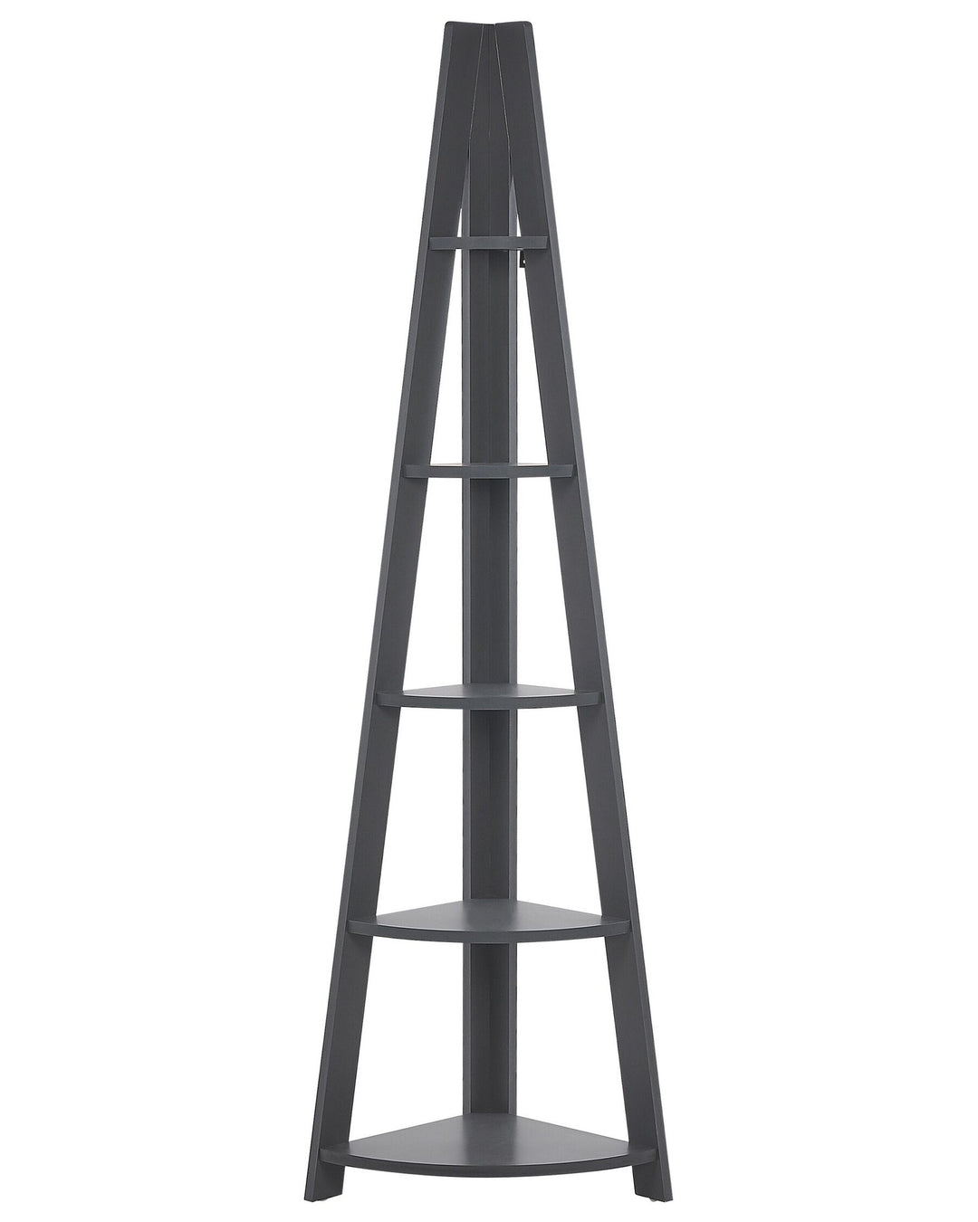 Gray corner shelf with five shelves on a white background