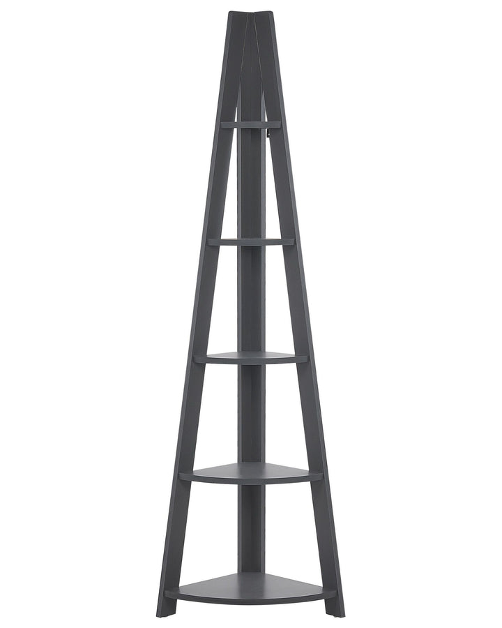 Gray corner shelf with five shelves on a white background