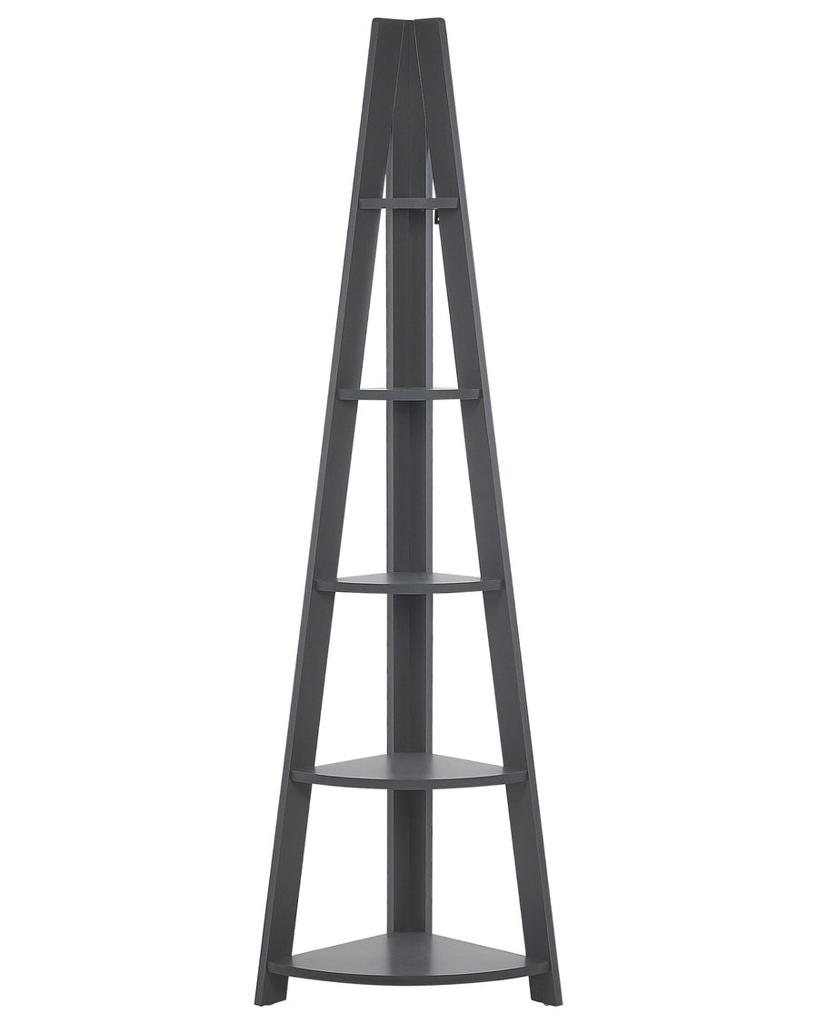 Gray corner shelf with five shelves on a white background