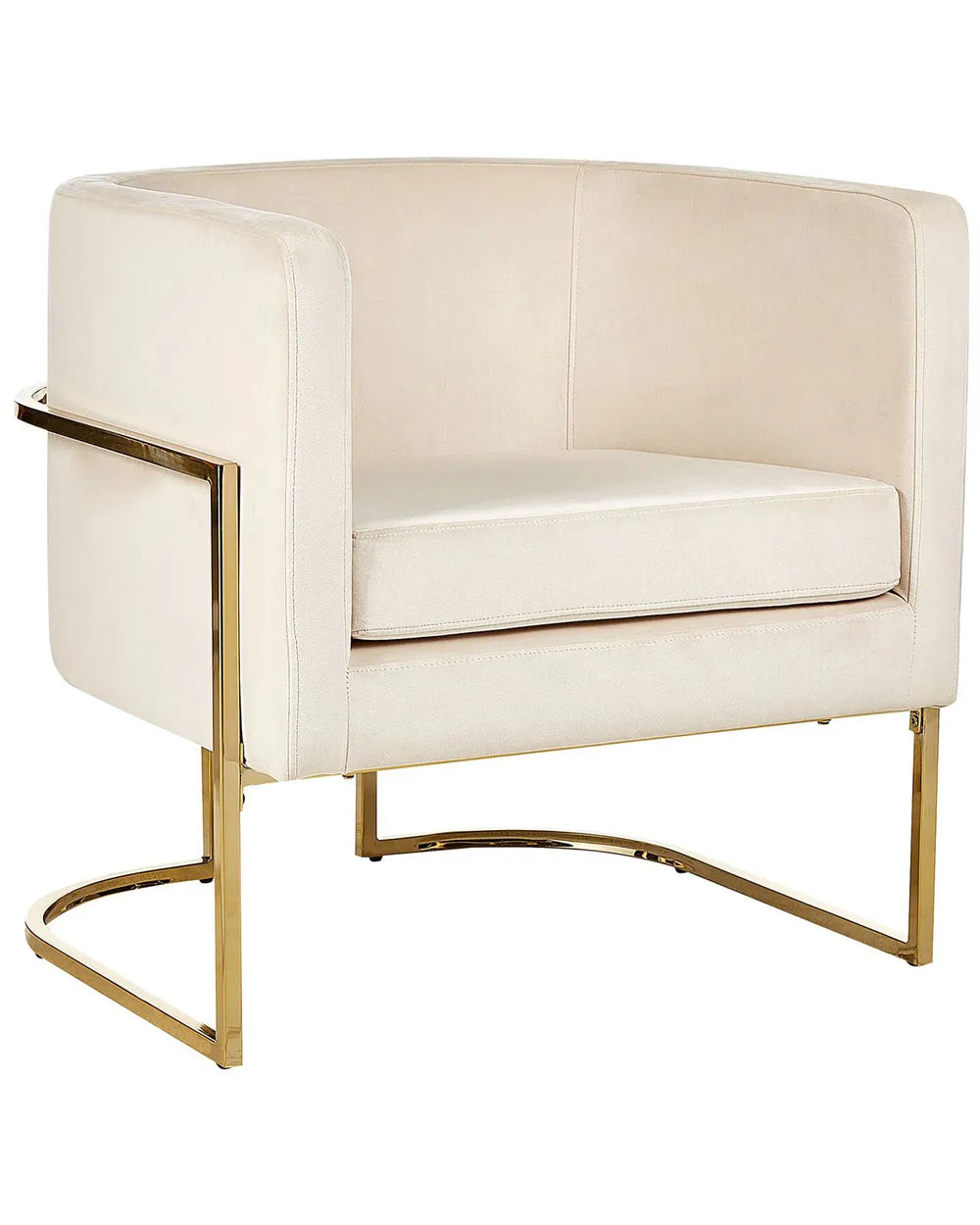 Beige armchair with gold metal frame on a white background