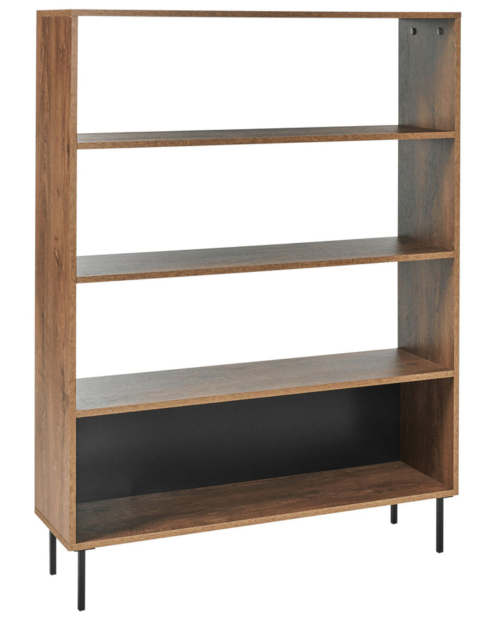 Wooden bookshelf with metal legs on a white background