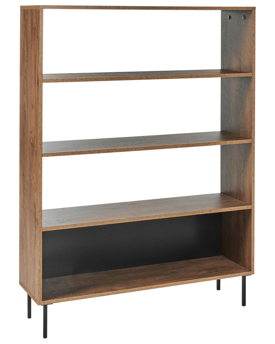 Wooden bookshelf with metal legs on a white background