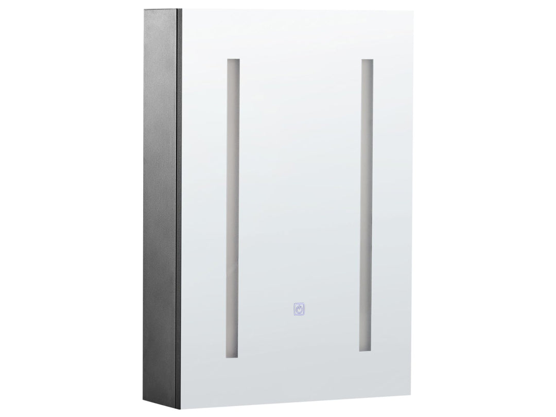 White wall-mounted cabinet with metallic accents on a white background