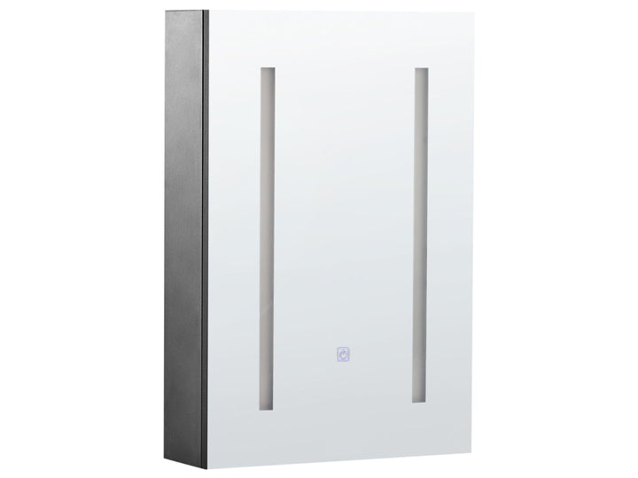 White wall-mounted cabinet with metallic accents on a white background