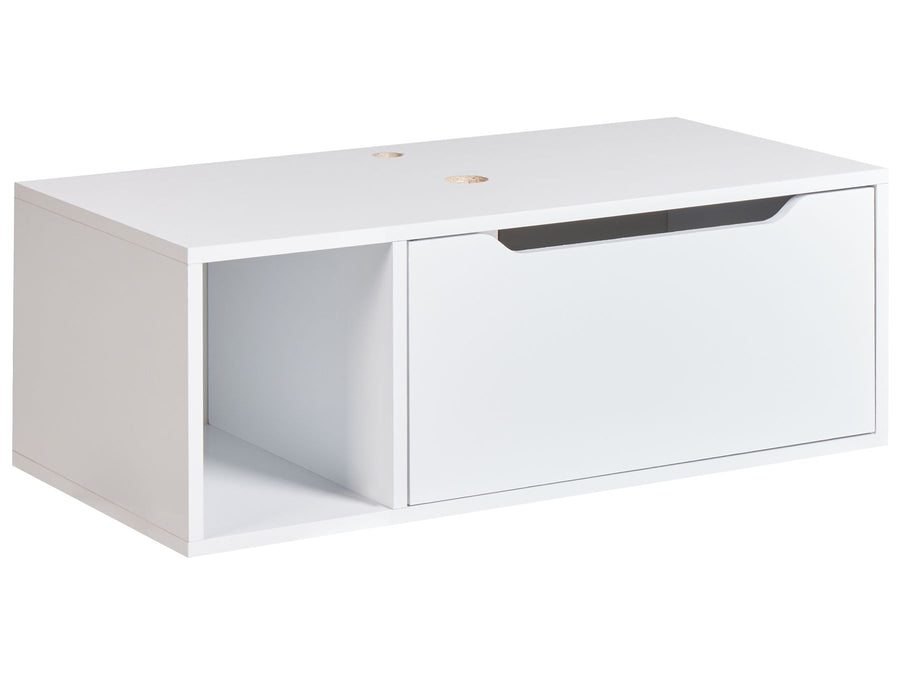 White storage bench with a drawer on a white background