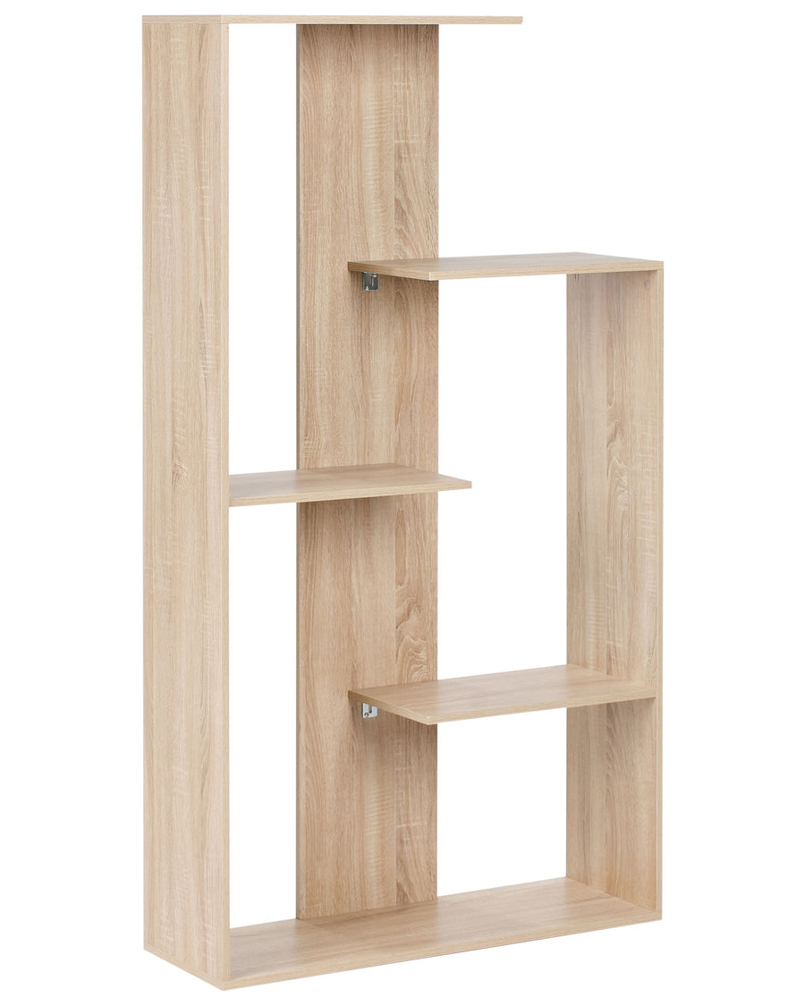 Wooden bookshelf with multiple shelves on a white background