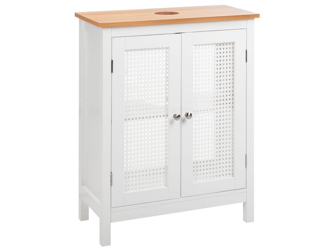 White cabinet with wooden top on a white background