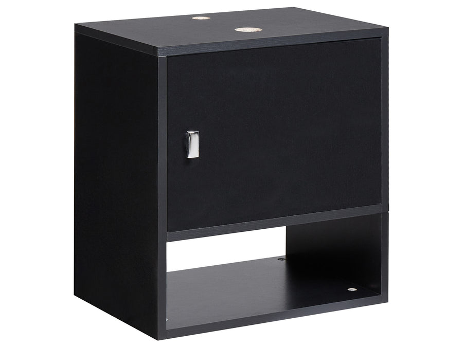 Black nightstand with a single drawer on a white background