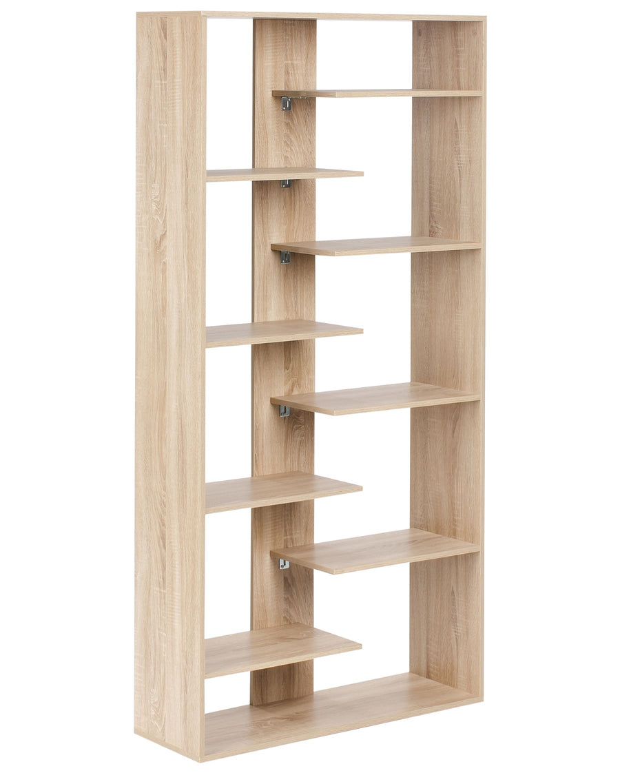 Wooden bookshelf with multiple shelves on a white background