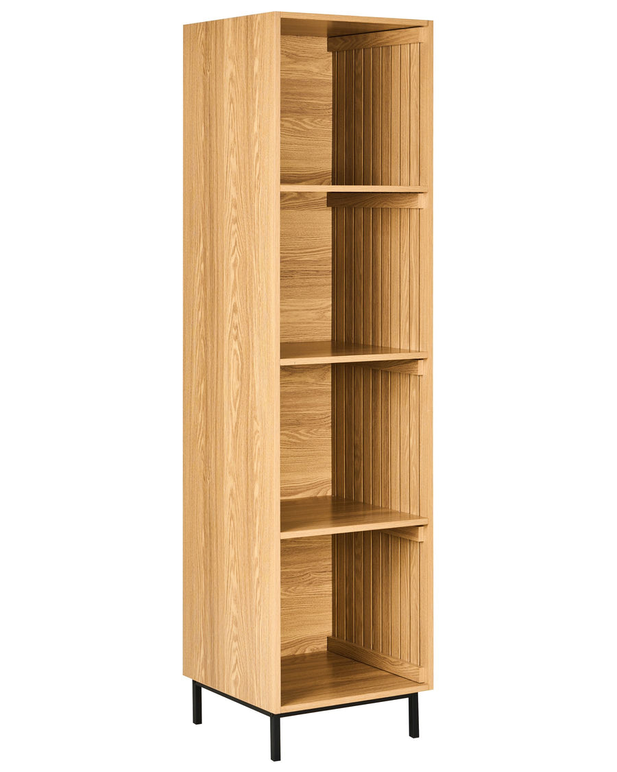 Tall wooden bookshelf with five shelves on a white background