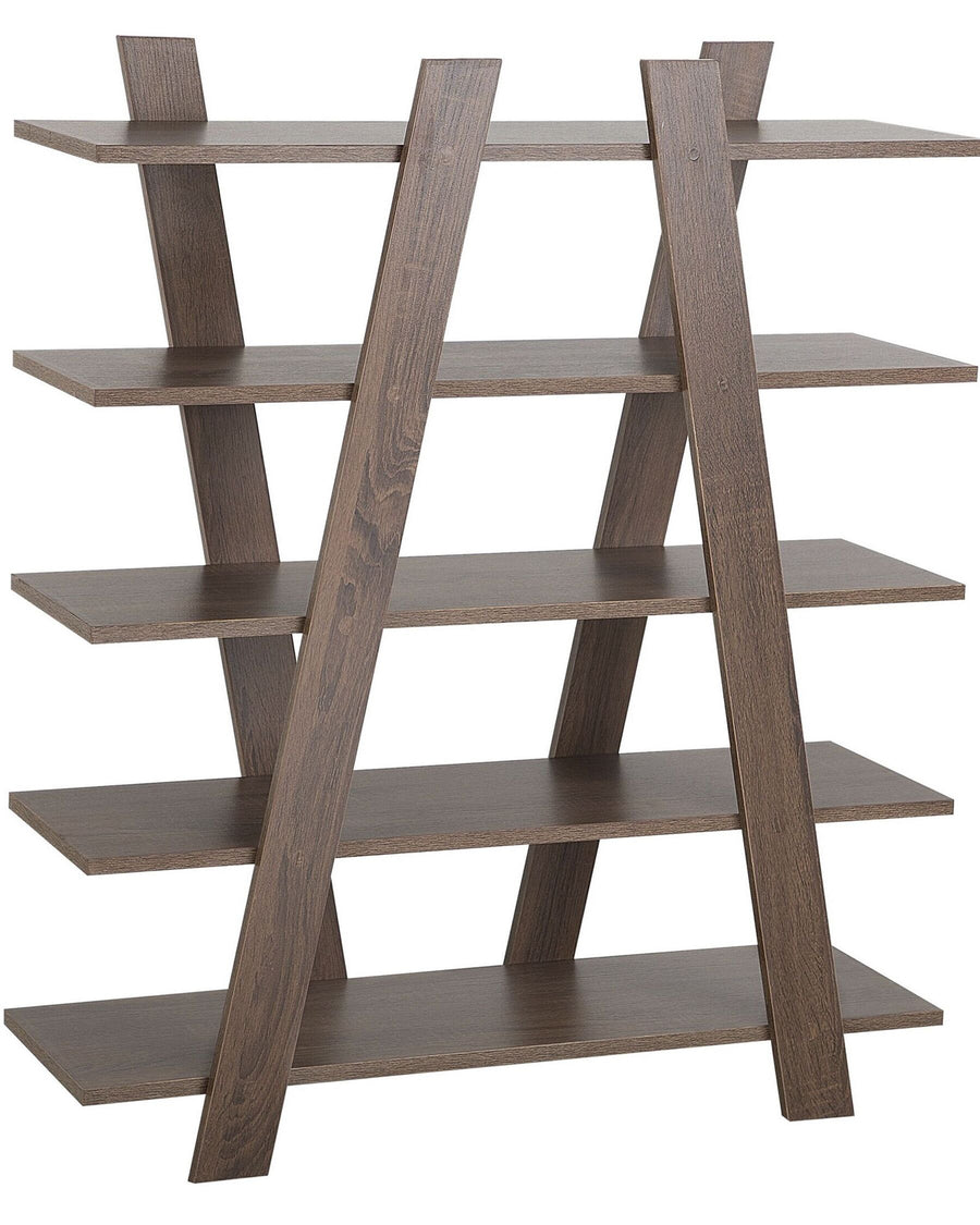 Wooden bookshelf with a modern design on a white background