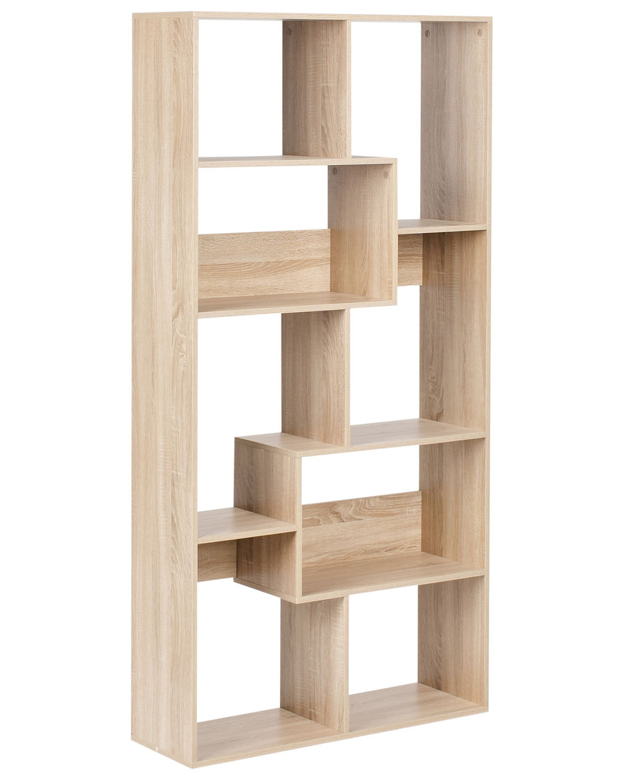 Wooden bookshelf with geometric design on a white background
