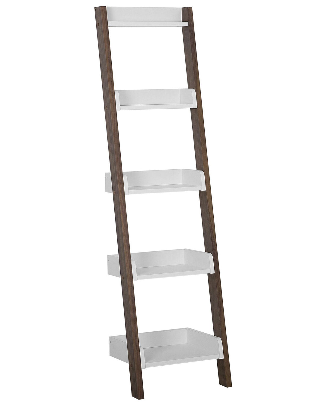 Leaning ladder shelf with five white shelves on a white background