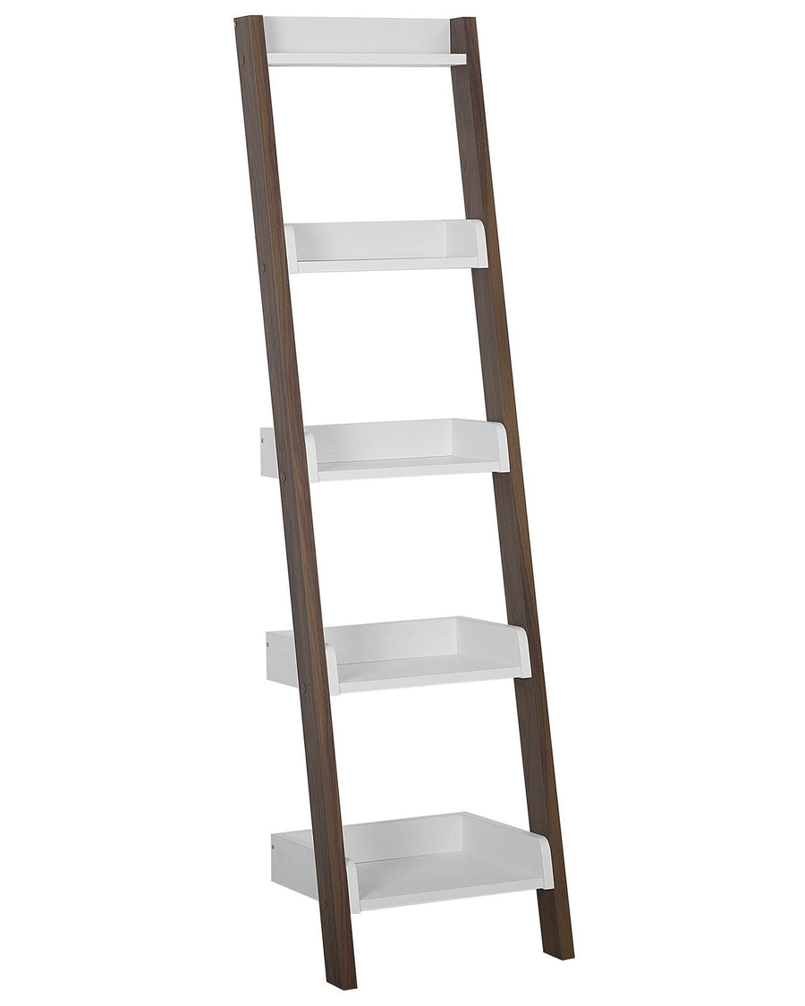 Leaning ladder shelf with five white shelves on a white background