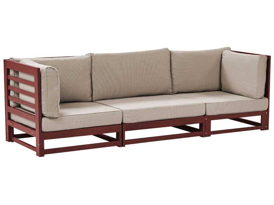 Beige cushioned sofa with wooden frame on a white background