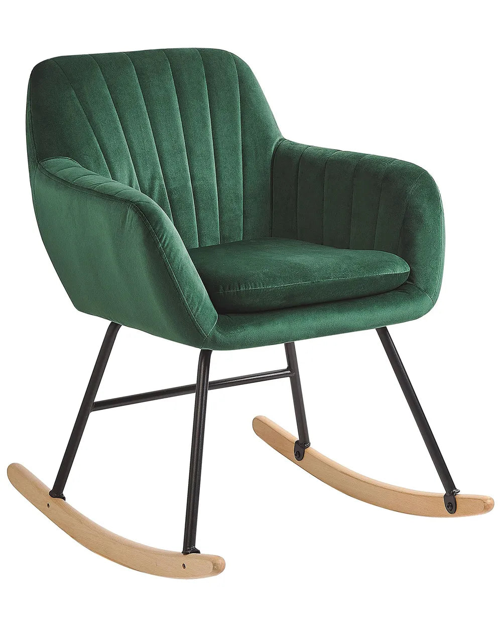 Green rocking chair with black metal frame and wooden rocking base on a white background