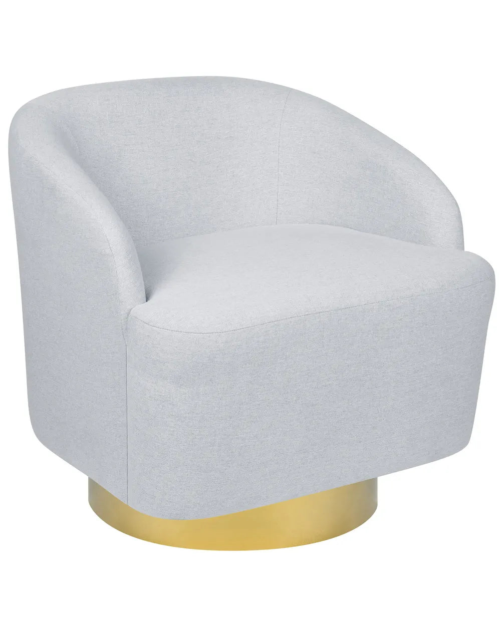 Gray upholstered chair with a gold base on a white background