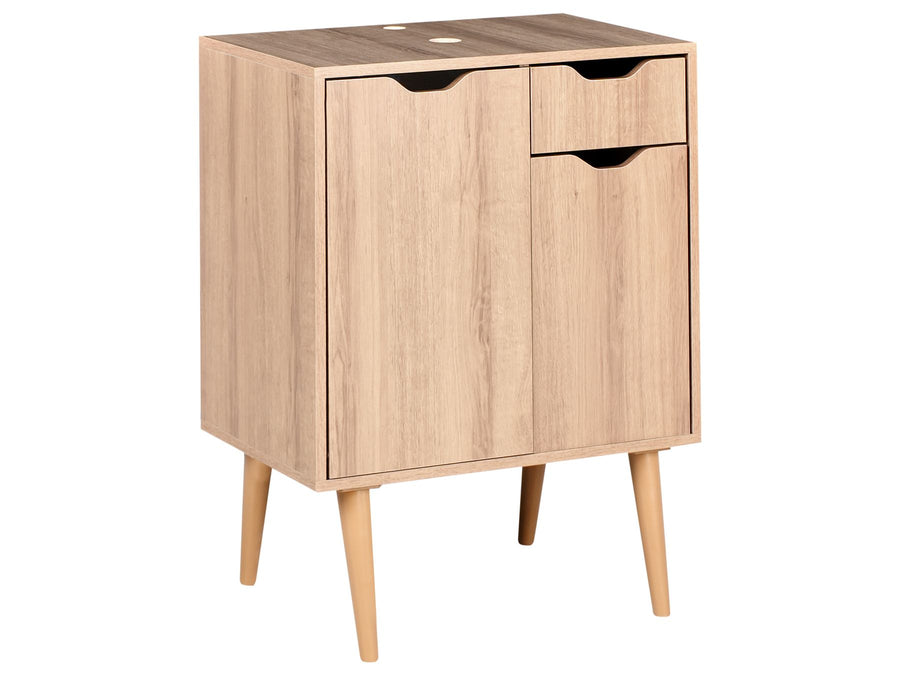 Wooden cabinet with two doors and a drawer on a white background