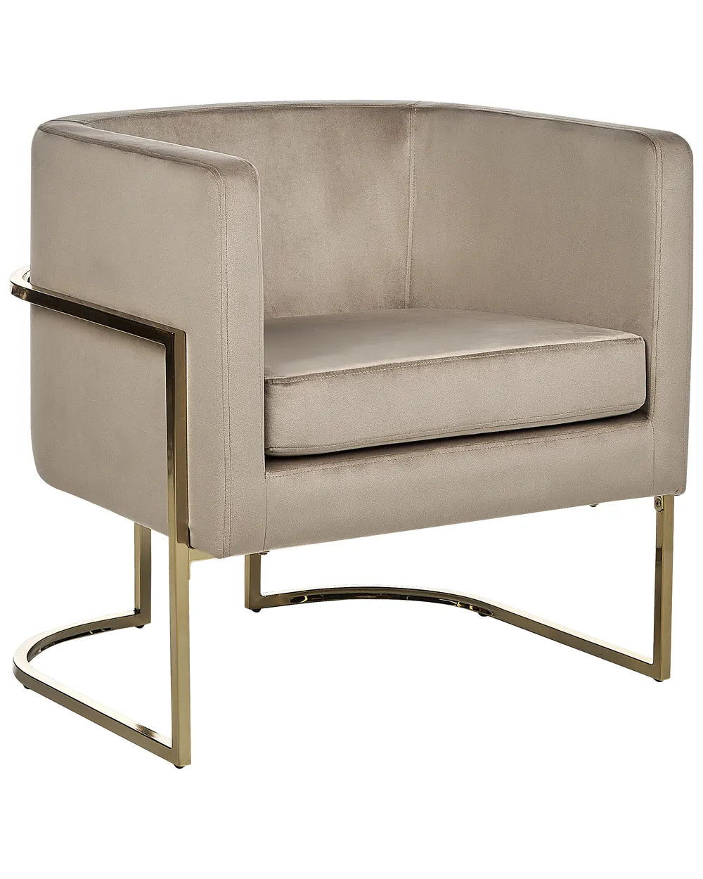 Beige armchair with gold metal frame on a white background