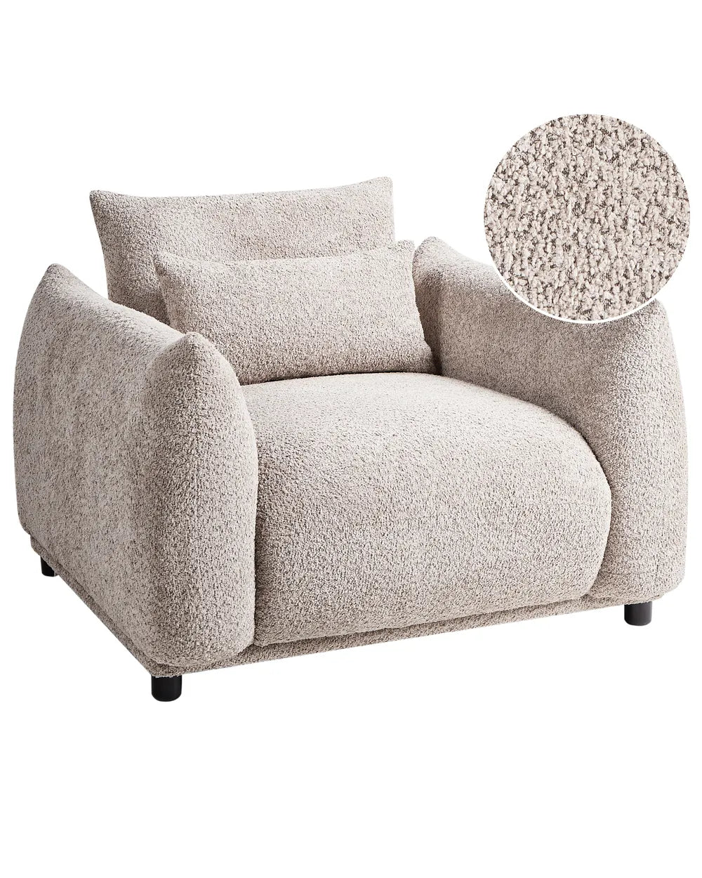 Beige armchair with textured fabric and close-up of texture on a white background