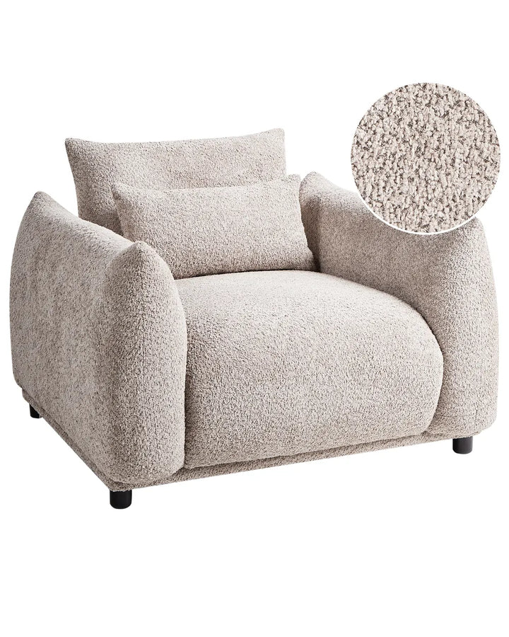 Beige armchair with textured fabric and close-up of texture on a white background
