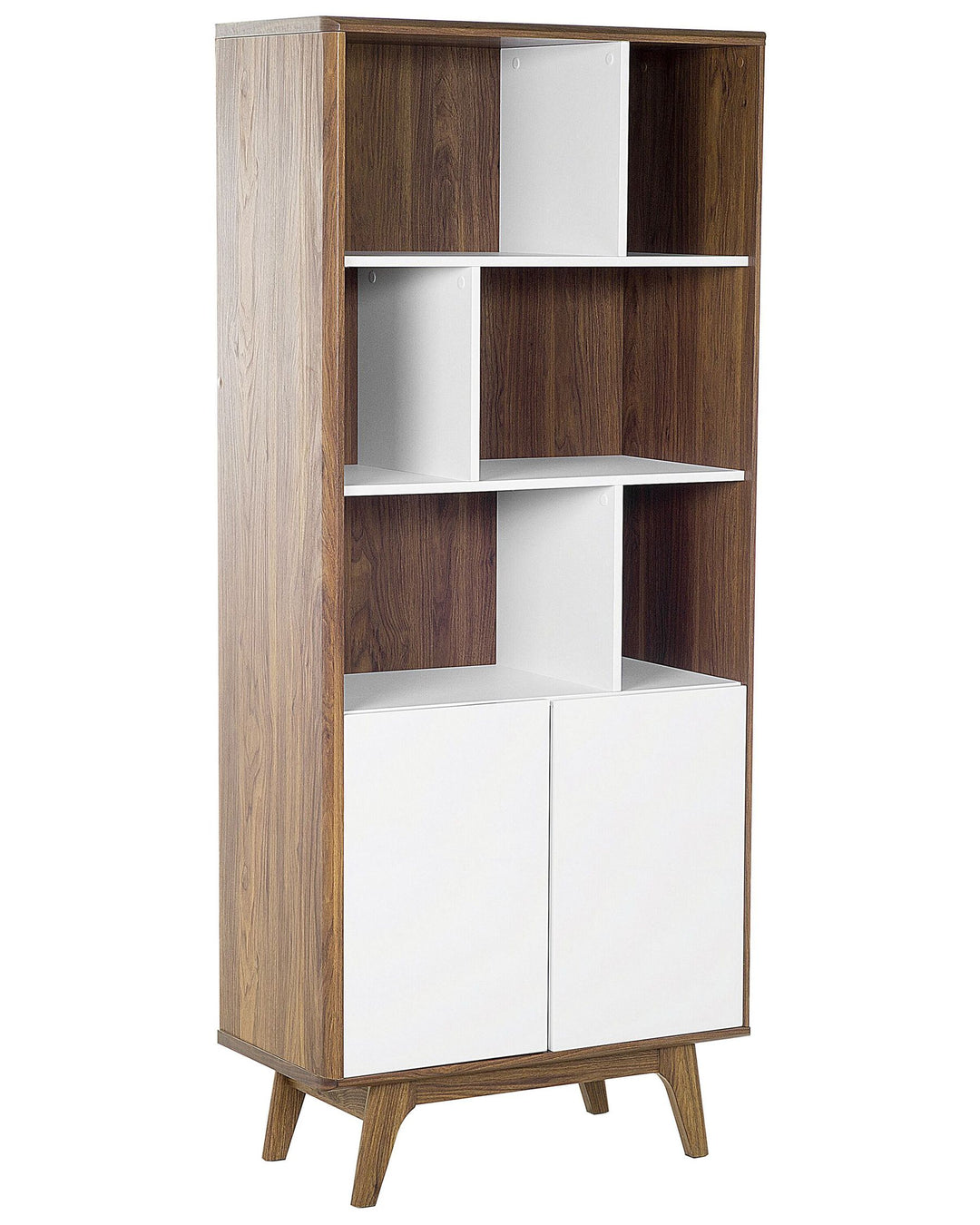 Tall bookshelf with wooden and white design on a white background