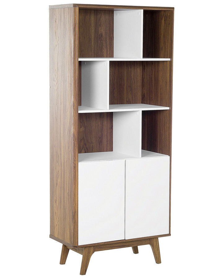 Tall bookshelf with wooden and white design on a white background