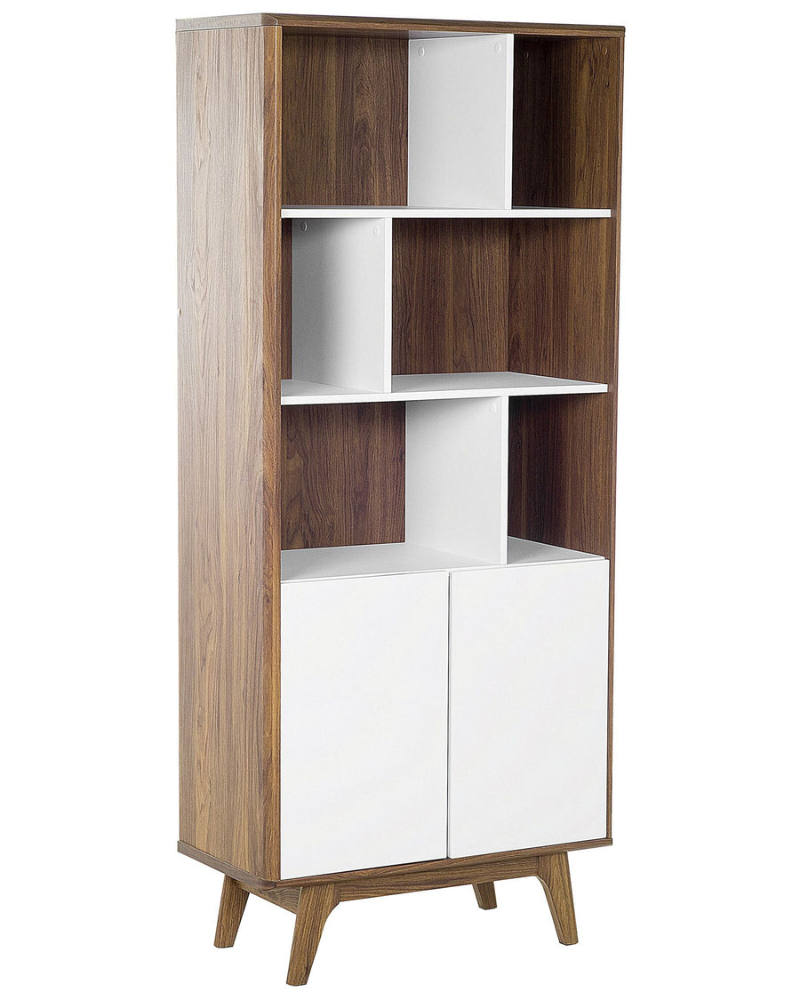 Tall bookshelf with wooden and white design on a white background