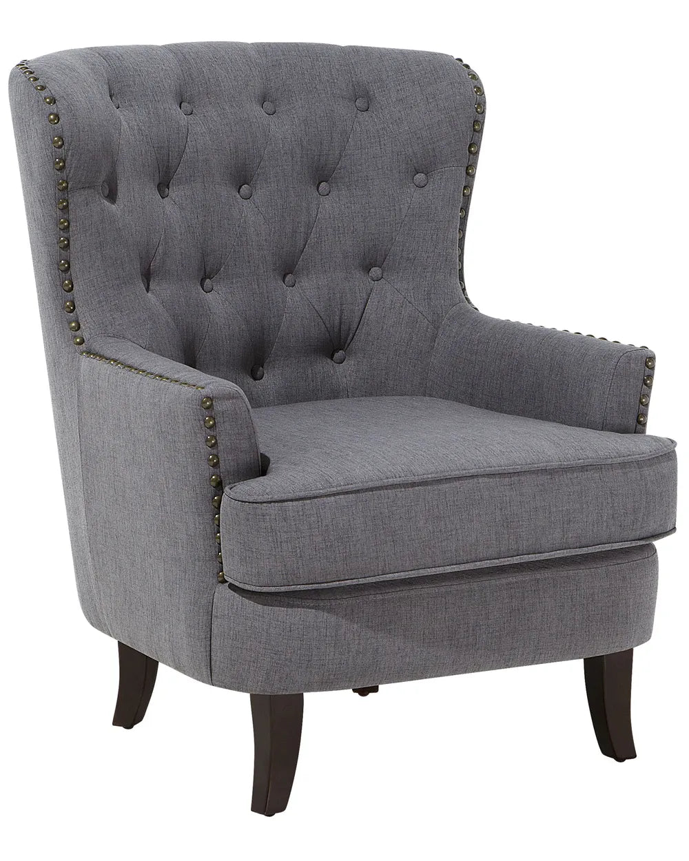 Gray upholstered chair with tufted backrest and nailhead trim on a white background