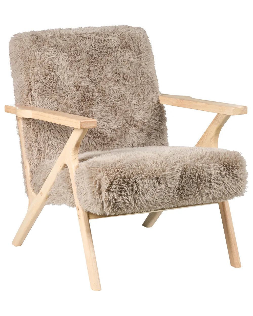 Chair with fluffy beige cushion and wooden frame on a white background