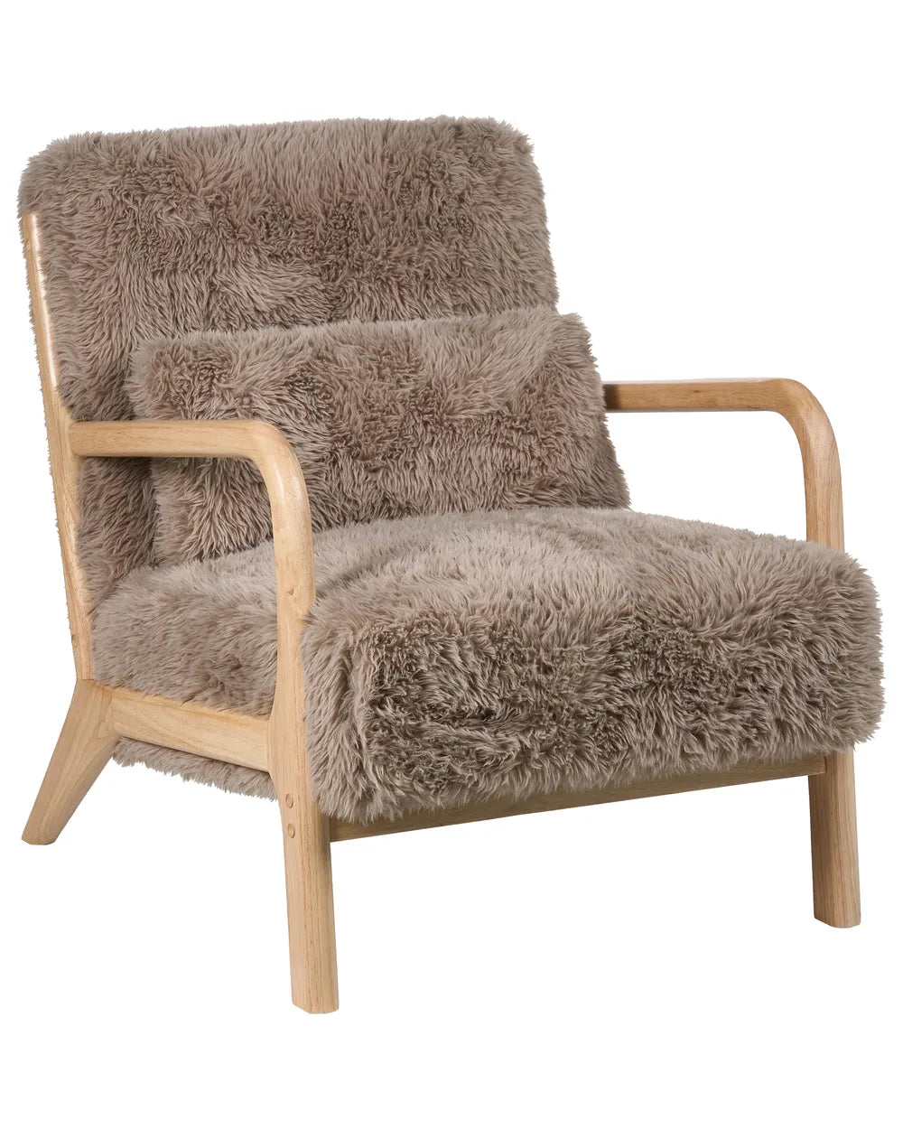 Fluffy brown chair with wooden frame on a white background